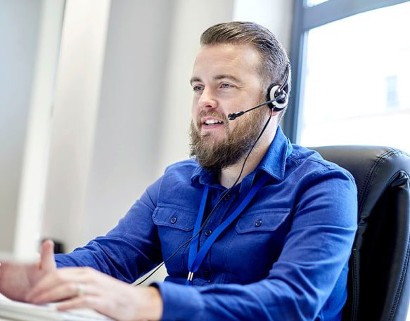 DAT People Broker Talking Headset Computer Blue Shirt